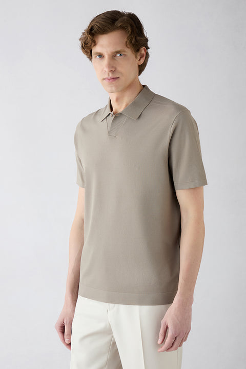 Medium Mink Regular Fit Button-Up Polo Collar Knit T-Shirt