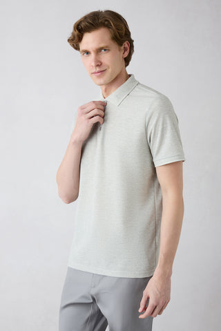  Açık Gri Melanj Regular Fit Keten Karışımlı Desenli Düğmeli Polo Yaka Tişört
