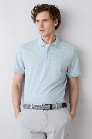  Açık Mavi Melanj Regular Fit Keten Karışımlı Desenli Düğmeli Polo Yaka Tişört