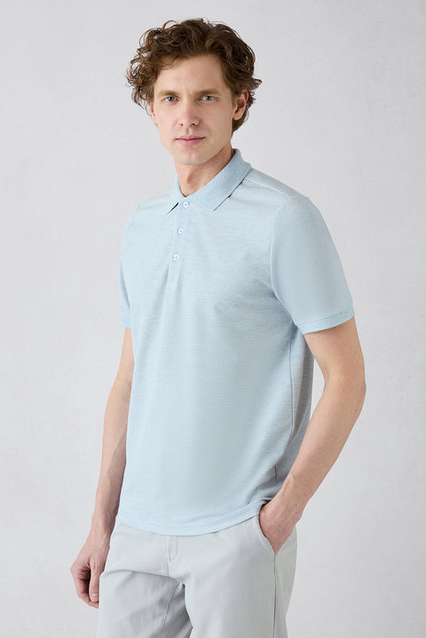 Açık Mavi Melanj Regular Fit Keten Karışımlı Desenli Düğmeli Polo Yaka Tişört
