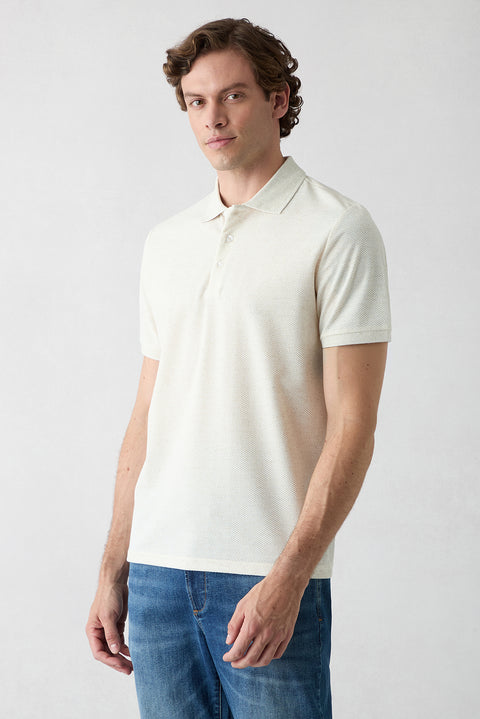 Açık Bej Melanj Regular Fit Keten Karışımlı Desenli Düğmeli Polo Yaka Tişört