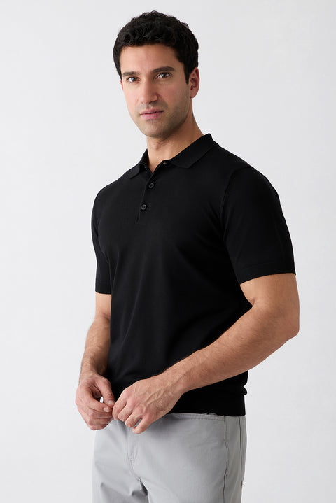 Siyah Regular Fit Düğmeli Polo Yaka Örme Tişört