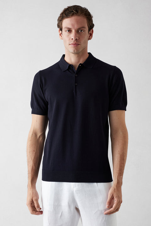 Koyu Lacivert Regular Fit Düğmeli Polo Yaka Örme Tişört