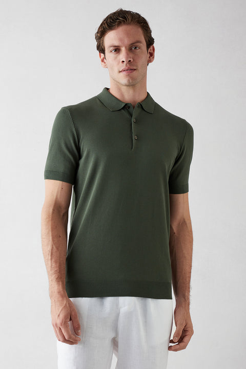 Orta Haki Regular Fit Düğmeli Polo Yaka Örme Tişört