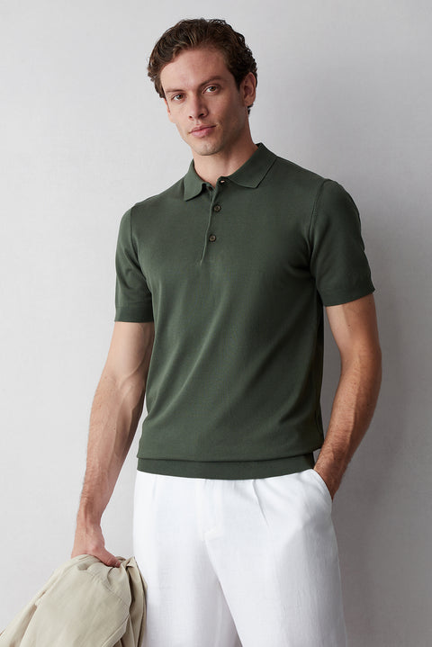 Orta Haki Regular Fit Düğmeli Polo Yaka Örme Tişört