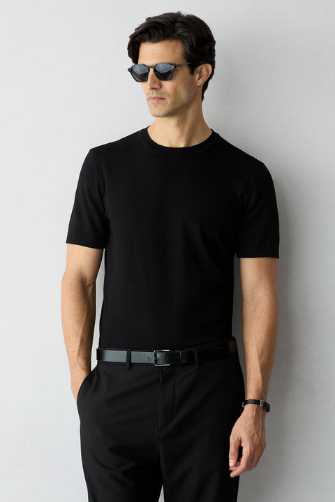 Black Regular Fit Crew Neck Knit T-shirt