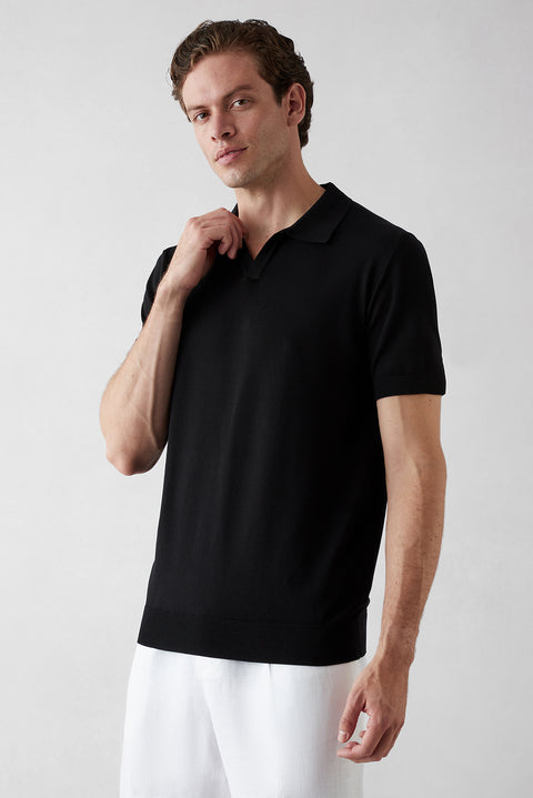Siyah Düğmesiz Polo Yaka Regular Fit Örme Tişört
