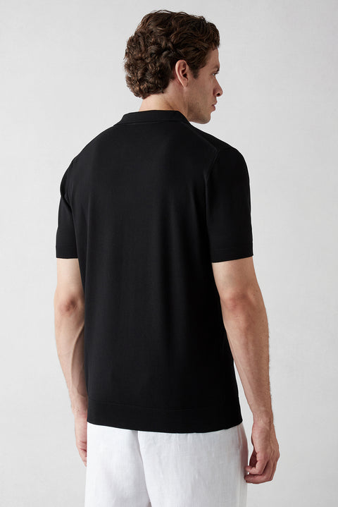 Siyah Düğmesiz Polo Yaka Regular Fit Örme Tişört