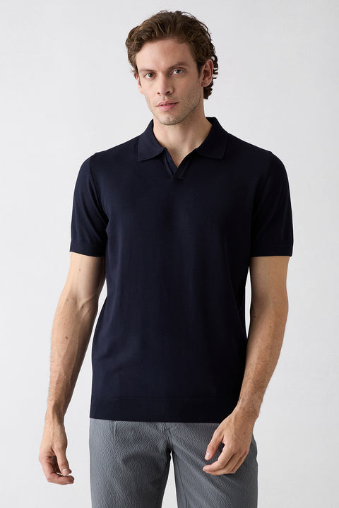 Koyu Lacivert Düğmesiz Polo Yaka Regular Fit Örme Tişört