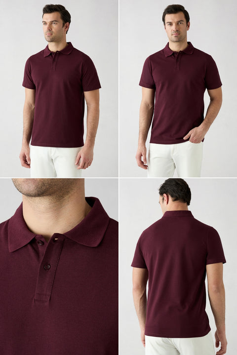 250 Düğmeli Polo Yaka Regular Fit Pamuklu Düz 2'li Paket Tişört Seti