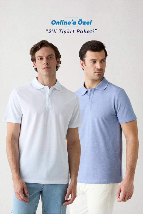 940 Düğmeli Polo Yaka Regular Fit Pamuklu Düz 2'li Paket Tişört Seti