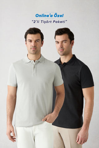  F30 Düğmeli Polo Yaka Regular Fit Pamuklu Düz 2'li Paket Tişört Seti