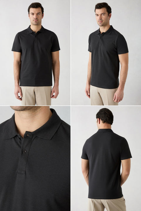 F30 Düğmeli Polo Yaka Regular Fit Pamuklu Düz 2'li Paket Tişört Seti