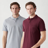 Gri - Bordo Düğmeli Polo Yaka Cepli Regular Fit Pamuklu Düz 2'li Paket Tişört Seti
