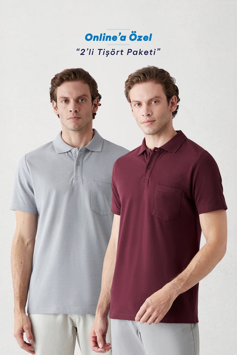 Gri - Bordo Düğmeli Polo Yaka Cepli Regular Fit Pamuklu Düz 2'li Paket Tişört Seti