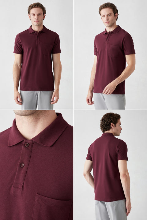Gri - Bordo Düğmeli Polo Yaka Cepli Regular Fit Pamuklu Düz 2'li Paket Tişört Seti