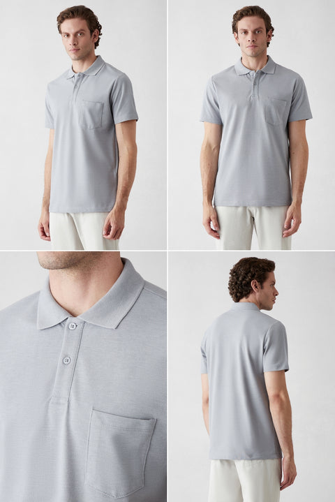 Gri - Bordo Düğmeli Polo Yaka Cepli Regular Fit Pamuklu Düz 2'li Paket Tişört Seti