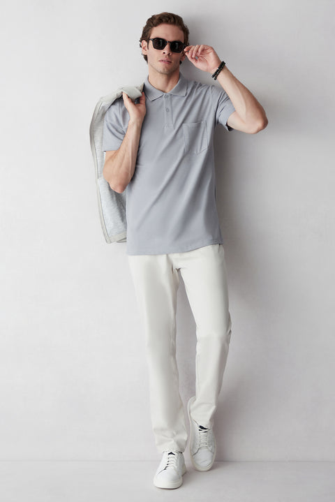 Gri - Bordo Düğmeli Polo Yaka Cepli Regular Fit Pamuklu Düz 2'li Paket Tişört Seti