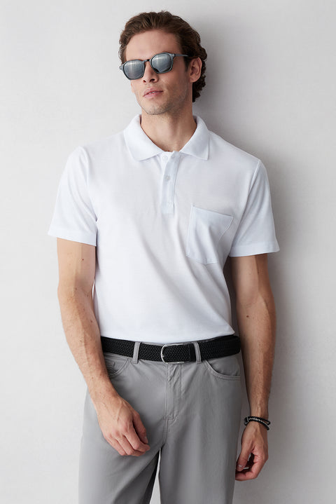 Mavi - Beyaz Düğmeli Polo Yaka Cepli Regular Fit Pamuklu Düz 2'li Paket Tişört Seti