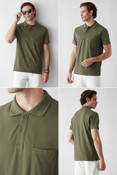 Haki - Ekru Düğmeli Polo Yaka Cepli Regular Fit Pamuklu Düz 2'li Paket Tişört Seti
