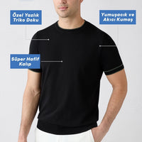 Siyah Bisiklet Yaka Regular Fit Ribana Detaylı Örme Tişört