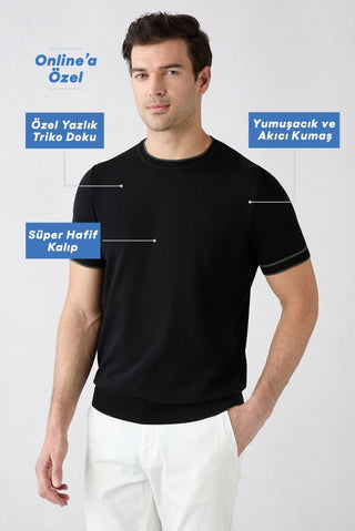  Siyah Bisiklet Yaka Regular Fit Ribana Detaylı Örme Tişört