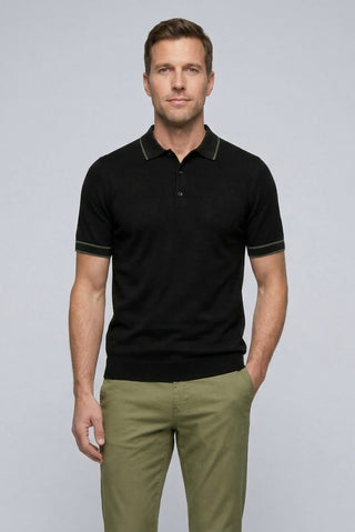  Siyah Regular Fit Şerit Detaylı Polo Yaka Triko Tişört