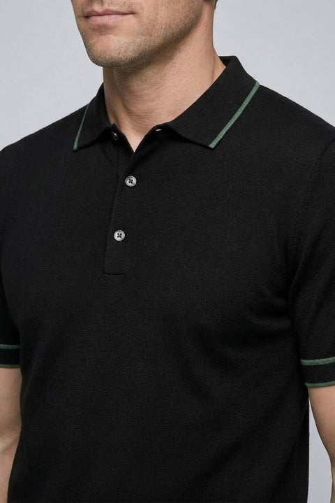 Siyah Regular Fit Şerit Detaylı Polo Yaka Örme Tişört