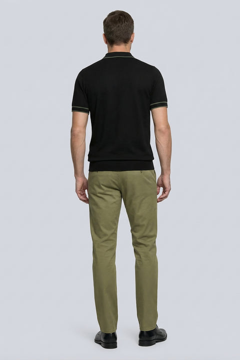 Siyah Regular Fit Şerit Detaylı Polo Yaka Örme Tişört
