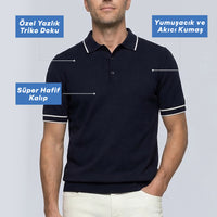 Koyu Lacivert Regular Fit Şerit Detaylı Polo Yaka Örme Tişört