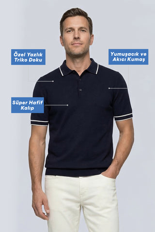  Koyu Lacivert Regular Fit Şerit Detaylı Polo Yaka Örme Tişört
