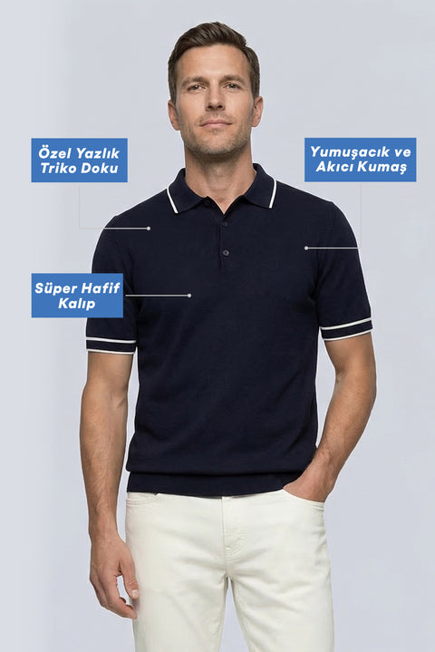 Koyu Lacivert Regular Fit Şerit Detaylı Polo Yaka Örme Tişört