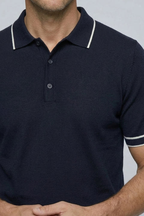 Koyu Lacivert Regular Fit Şerit Detaylı Polo Yaka Örme Tişört