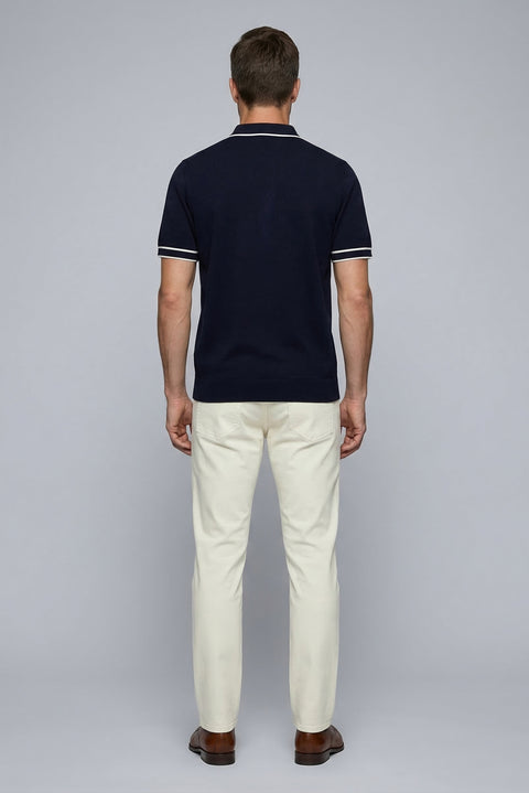 Koyu Lacivert Regular Fit Şerit Detaylı Polo Yaka Örme Tişört