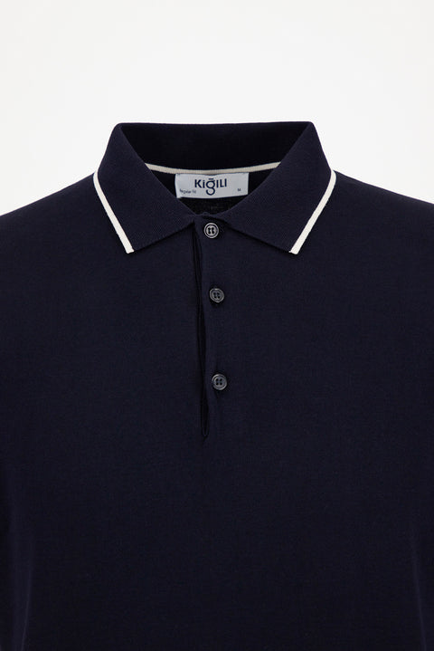 Koyu Lacivert Regular Fit Şerit Detaylı Polo Yaka Örme Tişört