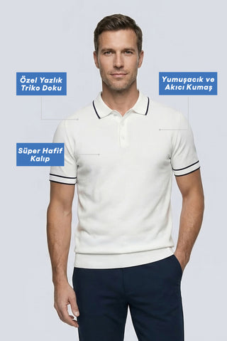  Kırık Beyaz Regular Fit Şerit Detaylı Polo Yaka Örme Tişört