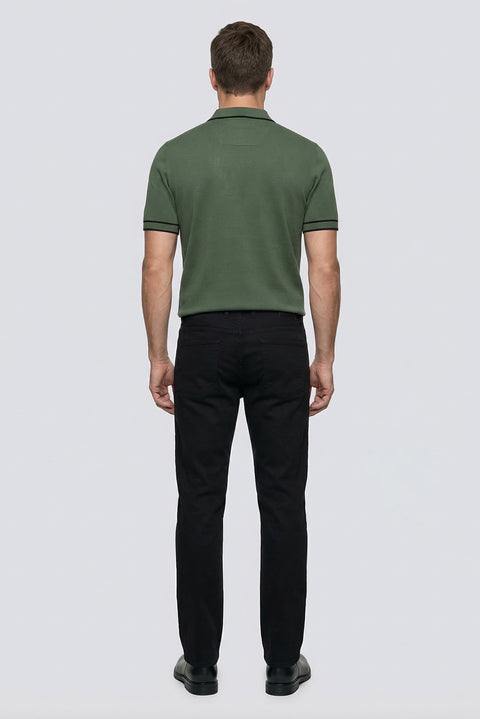 Medium Khaki Regular Fit Striped Detail Polo Neck Knitted T-Shirt