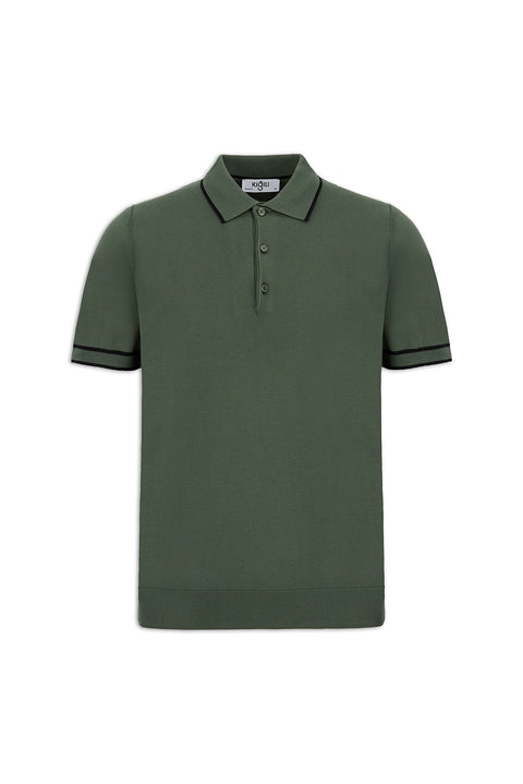 Medium Khaki Regular Fit Striped Detail Polo Neck Knitted T-Shirt