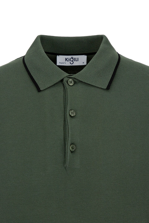 Medium Khaki Regular Fit Striped Detail Polo Neck Knitted T-Shirt