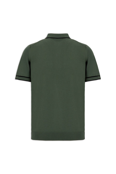 Medium Khaki Regular Fit Striped Detail Polo Neck Knitted T-Shirt