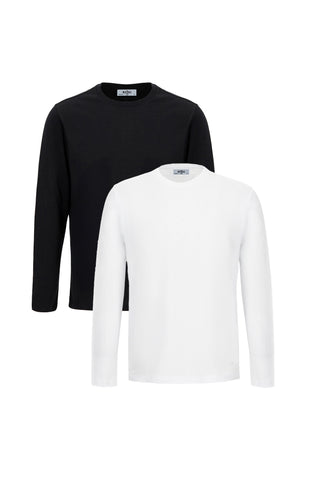  Siyah-Beyaz Uzun Kol Bisiklet Yaka Regular Fit %100 Pamuk 2'li Paket Basic Tişört Seti