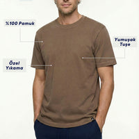 Dark Brown Crew Neck Regular Fit Breathable Cotton Washed T-Shirt