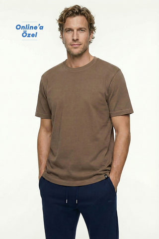  Koyu Kahve Bisiklet Yaka Regular Fit Nefes Alabilen Pamuk Tişört