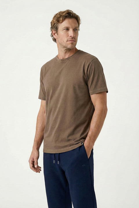 Dark Brown Crew Neck Regular Fit Breathable Cotton Washed T-Shirt