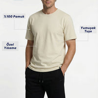 Ecru Crew Neck Regular Fit Breathable Washed Cotton T-Shirt