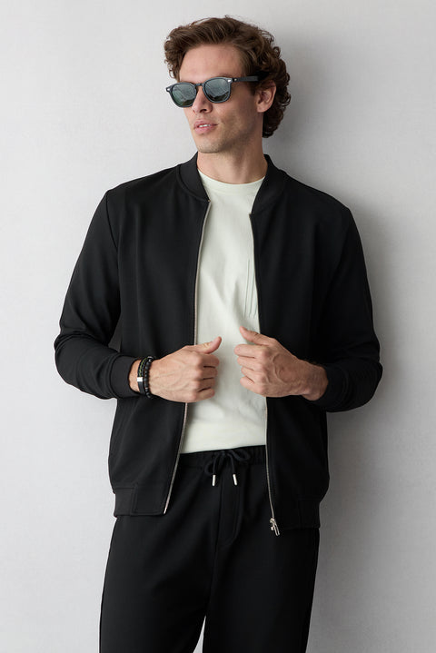 Siyah Fermuarlı Esnek Bomber Sweat Hırka