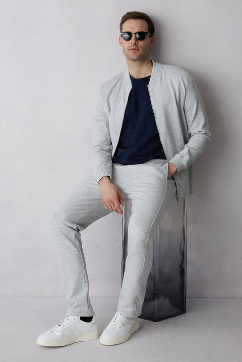 Açık Gri Melanj Bomber Yaka Regular Fit Fermuarlı Hırka