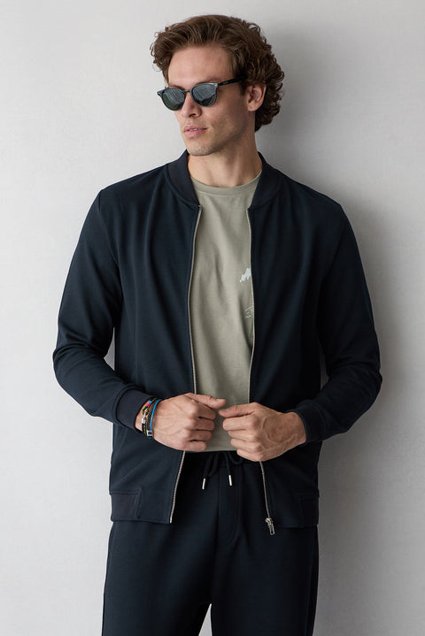 Koyu Lacivert Fermuarlı Esnek Bomber Sweat Hırka