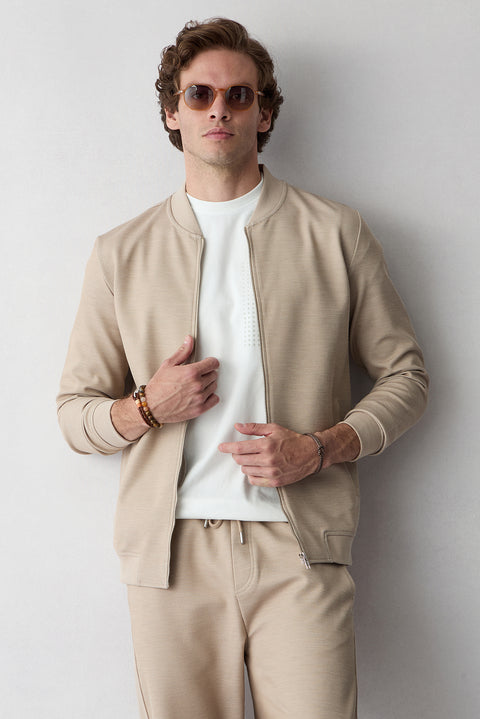 Açık Bej Fermuarlı Esnek Bomber Sweat Hırka