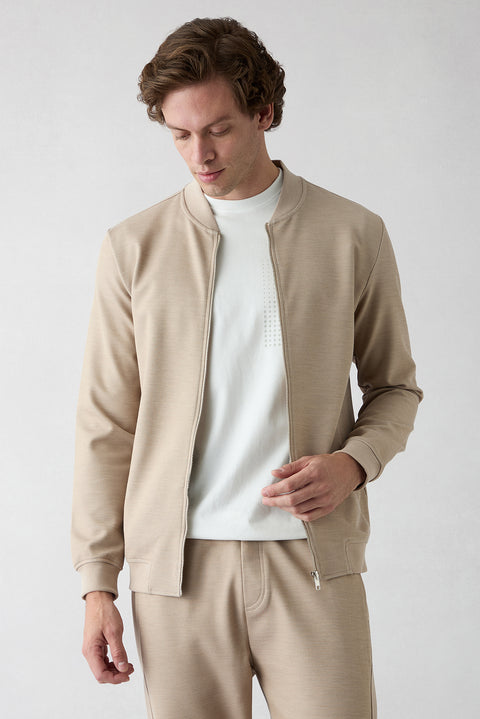 Açık Bej Fermuarlı Esnek Bomber Sweat Hırka